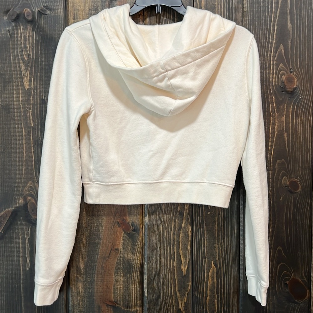 American Eagle Cream Cropped Hooded Jacket S Full Zip Preppy Minimalist Capsule - Picture 5 of 10
